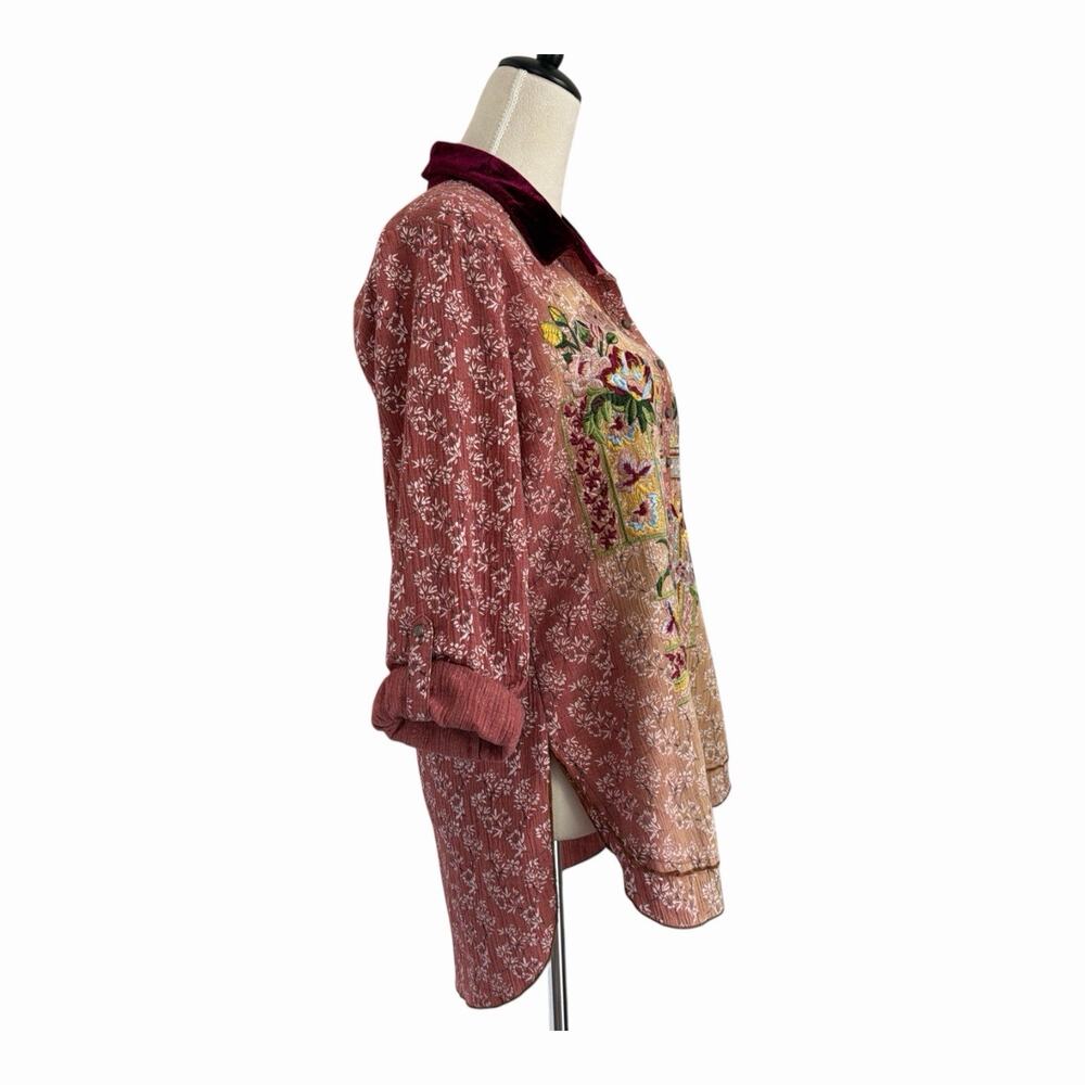 Aratta Silent Journey Tunic Shirt Small Boho Embroidered Velvet Trim Button Up - Picture 9 of 13
